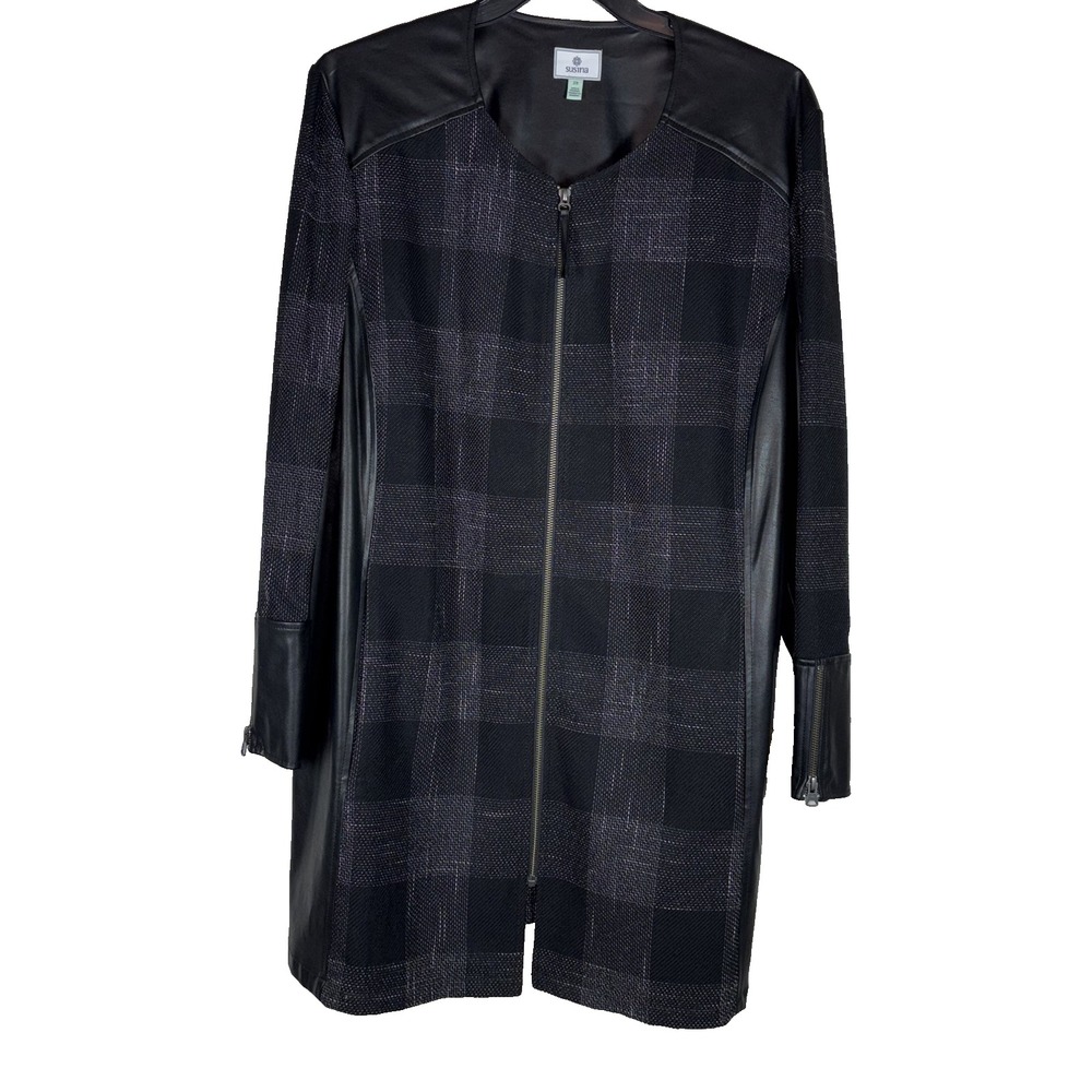 Susina‎ Women's 2X Black Plaid Light Zip Coat Vegan Leather Trim Chic Style